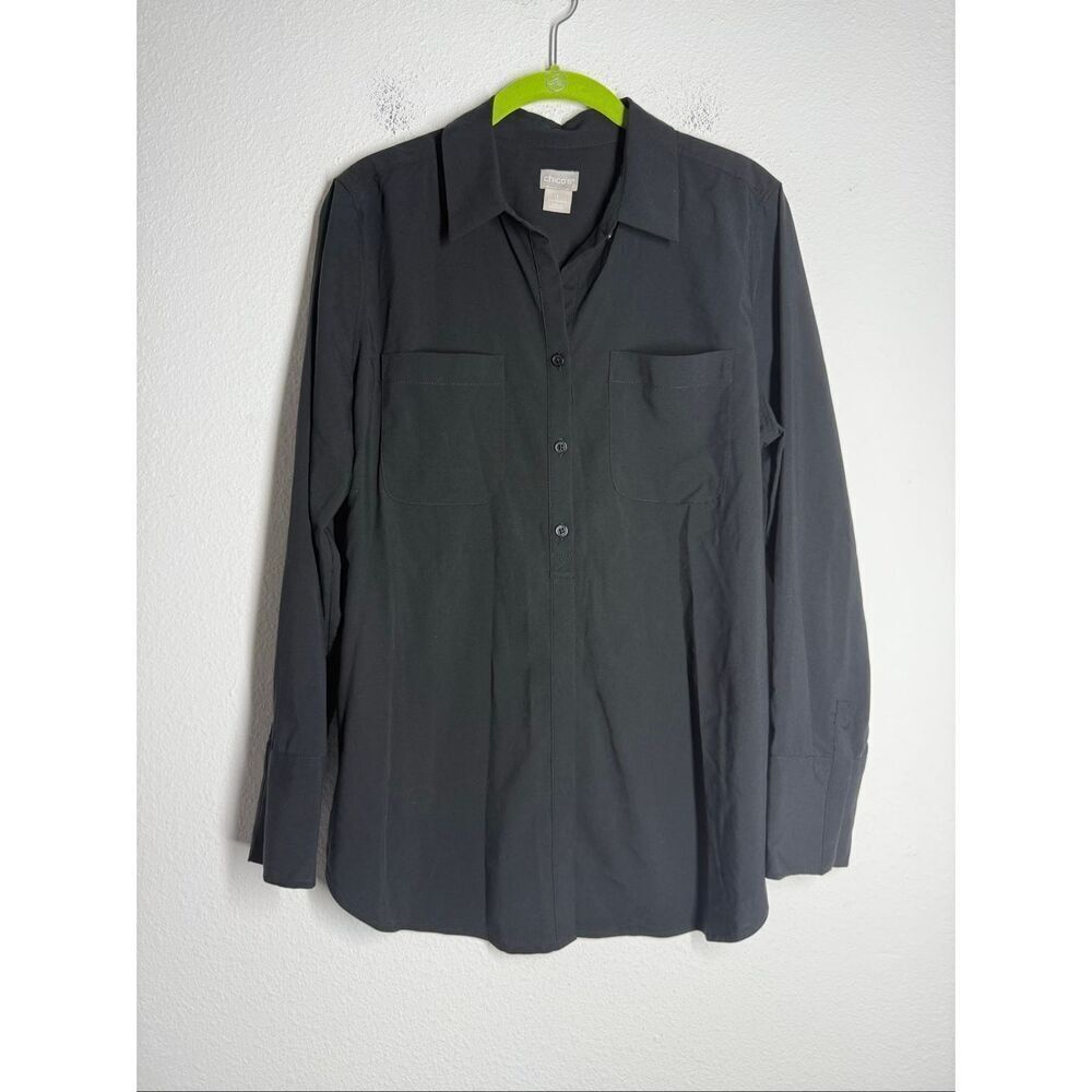 Chico’s Women’s Black Button Down Long Sleeve Shirt Silky Soft Half Placket Sz M